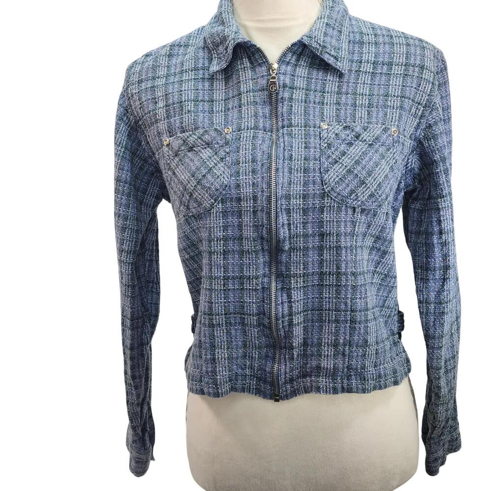 Tangibles. Vintage, Gray & Green Lightweight Check Print Cropped Blazer. Size: L